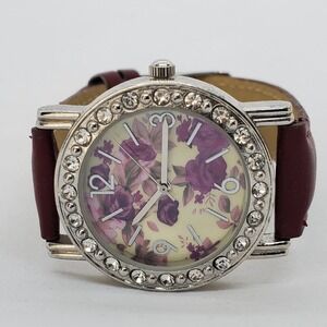 Women's 34MM Watch Crystal Bezel Flowers‎ Dial Maroon Leather Bands New Battery